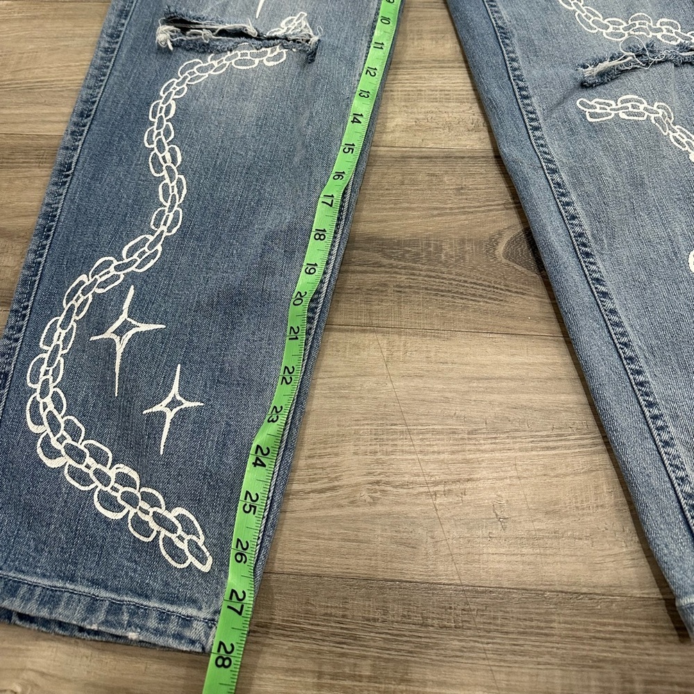 Straight Leg Blue Jeans with White Graphic Embroidery - Women - Picture 4 of 6